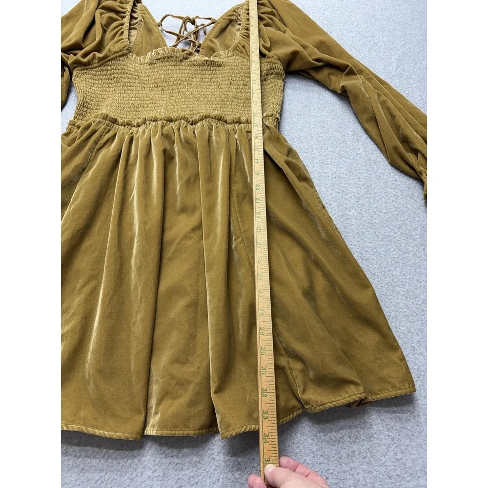 Free People Dress Womens Large Mustard Velvet Smocked Puff Sleeve Lace Up Back - Picture 9 of 15